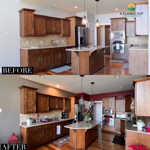 Kitchen Walls painted above cabinets - before & after